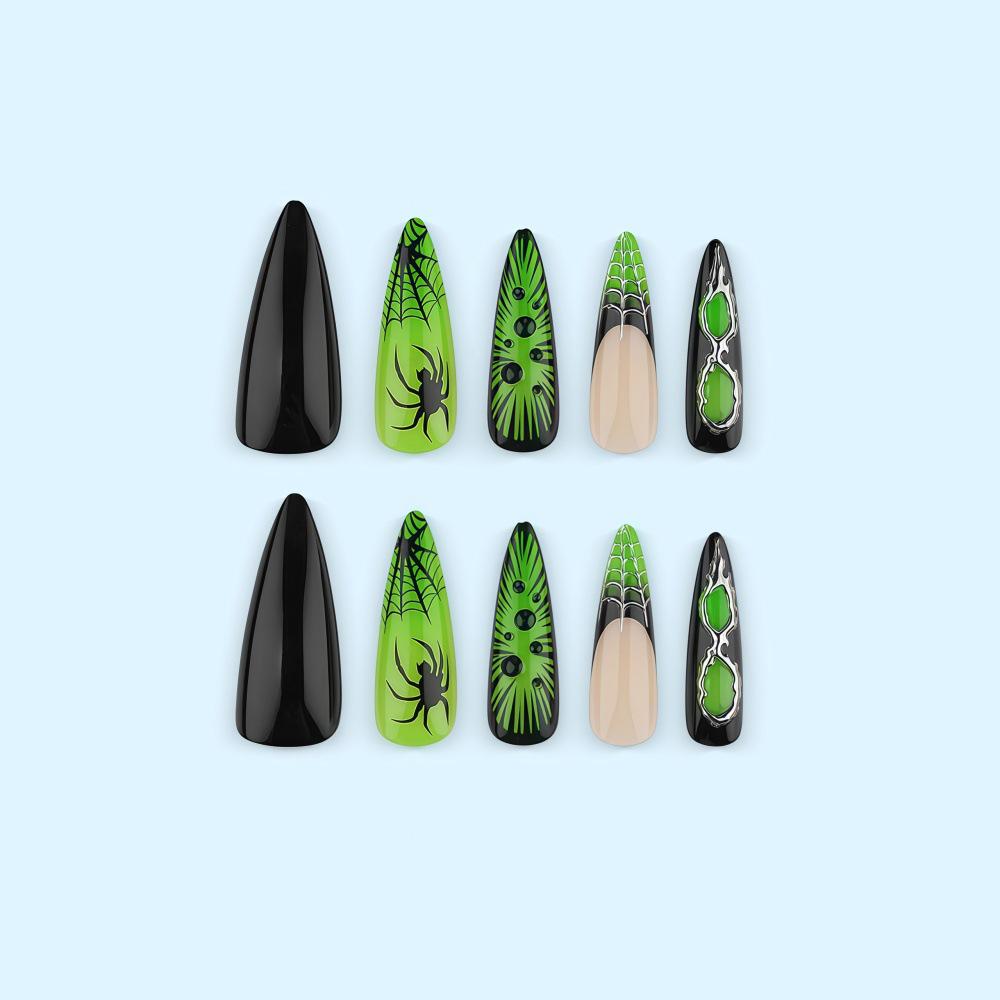 Fluorescent Green Gothic Halloween Super Long Sharp False Nails Stickers