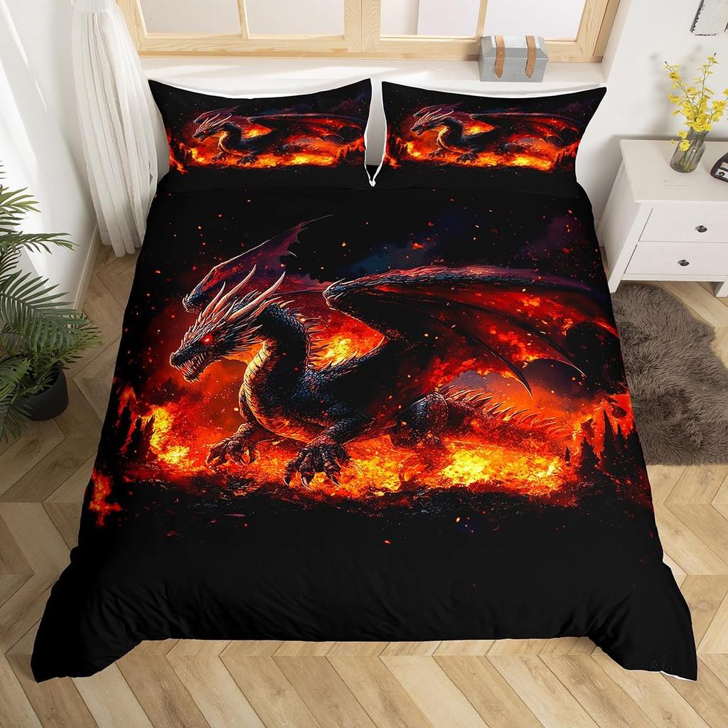 Fire Dragon Duvet Covers For Kids Teens Queen King Size Lightweight Quilt Covers Mythical Animals Pattern Bedding Set Room Decor