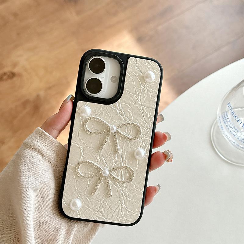 

Pearl Bow Phone Case for Apple 17promax Leather Texture High Quality for IPhone16pro Protective Case For iPhone X/XS