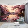 2D Pink Cherry Blossom Lake Tapestry, HD Print Lotus Flower Nature Wall Cloth for Home Studio & Party Decoration