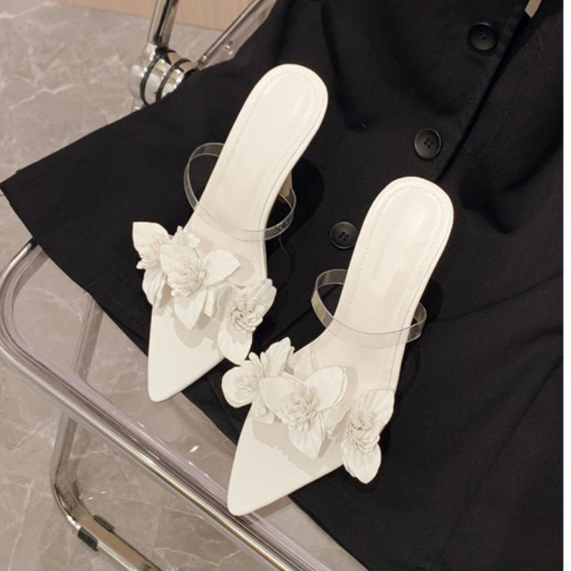 Fashion Fashion Gold Silver High Heels Slippers Women Leather Flowers Designer Sandals Sexy Pointed Toe Summer Party Dress Shoes
