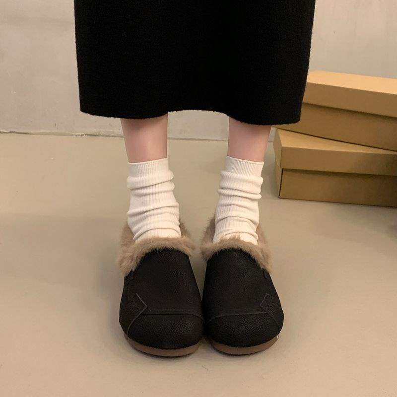 Winter new lamb wool velvet beanie shoes women's beef tendon soft sole soft surface one pedal warm women's snow cotton shoes