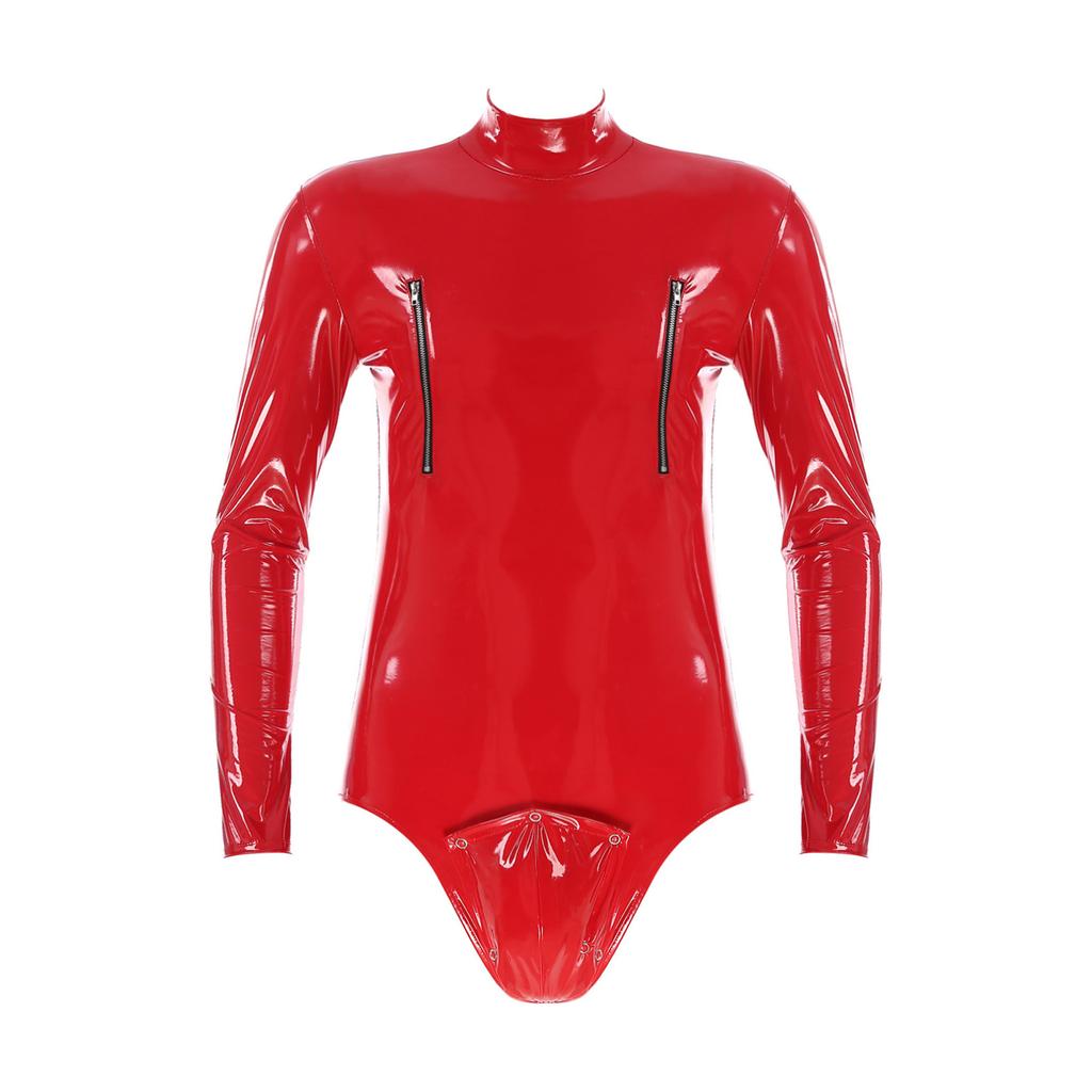 Men's PVC Leather Long Sleeve Leotard Latex Bodysuit Zipper Catsuit Clubwear