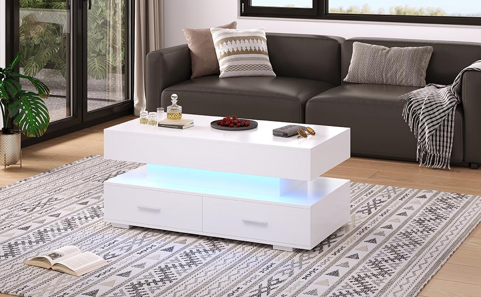 100*50*44cm Hydraulic Height-Adjustable Coffee Table, with LED Lighting, Bluetooth App Control, 2 Drawers and Open Storage, White Liftable