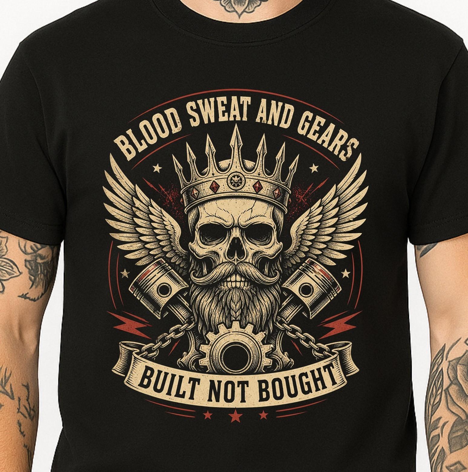 Skull King Crown Wings Graphic Biker Piston Gear Built Not Bought Beard Tee. XXXL