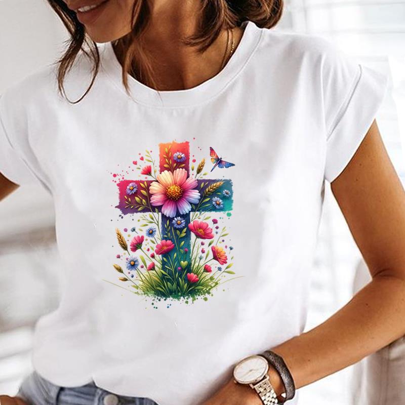 

(Asian Size) Tee Clothing T Shirt Printed Women watercolor faith style cute Casual Fashion Lady Female Top Graphic Short Sleeve T-shirts S