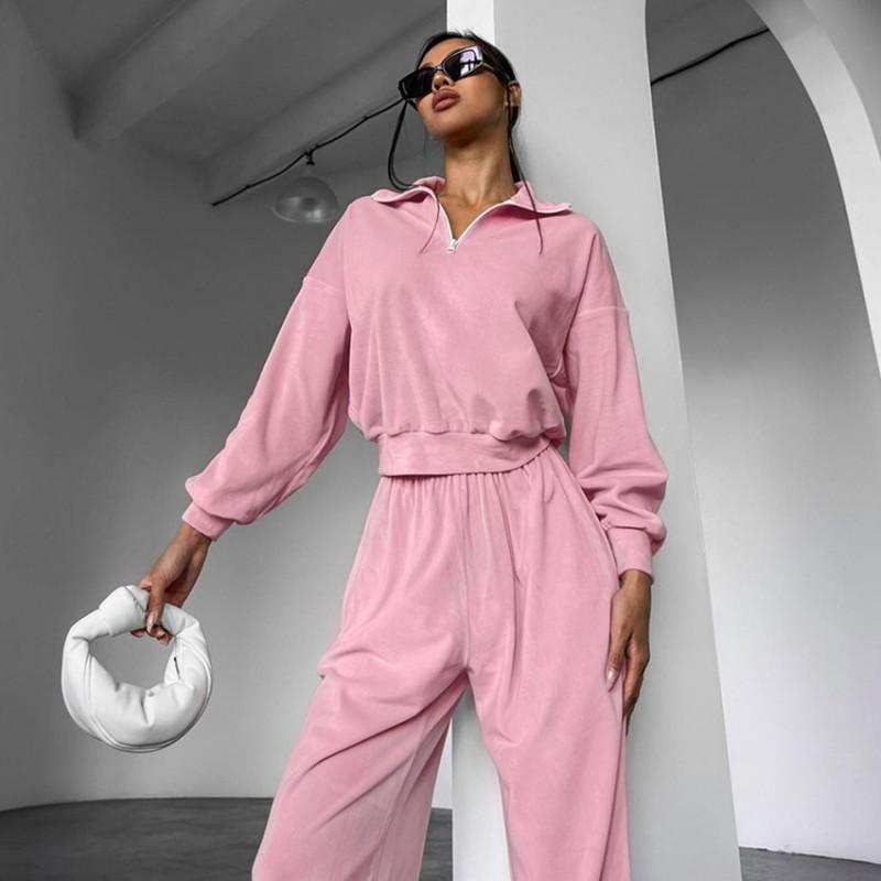 Womens Fall Winter Street Style 2-Piece Tracksuit Set Pink Polo Neck Top Velvet Pants