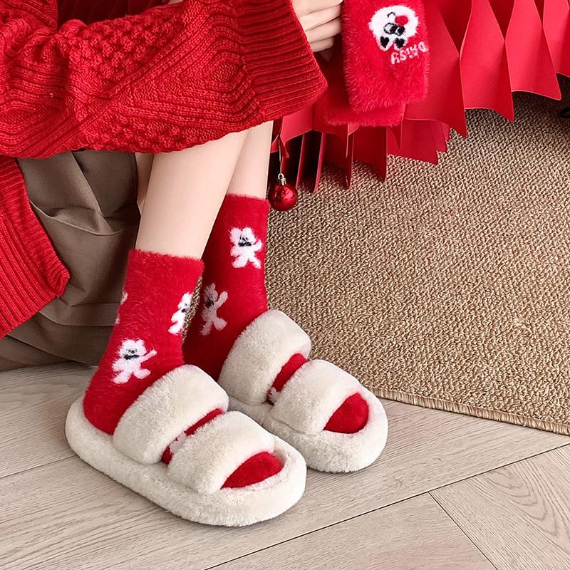 Weihnachtsjahr Rote Socken Damen Herbst und Winter Fleece Verdickt Nerzfleece Cartoon Niedlich Damen Socken Flauschig Mittellange Socken Damen