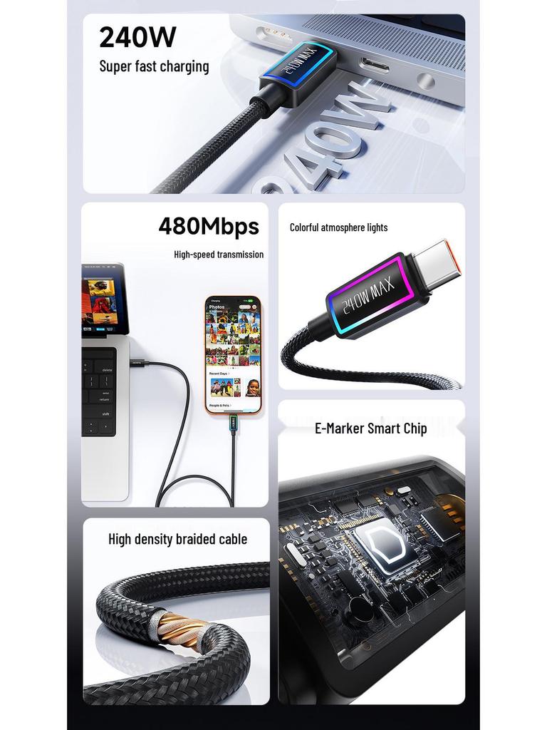 Tuqi Super Fast Charging LED Flowing Light PD240W Data Cable for Huawei and Apple