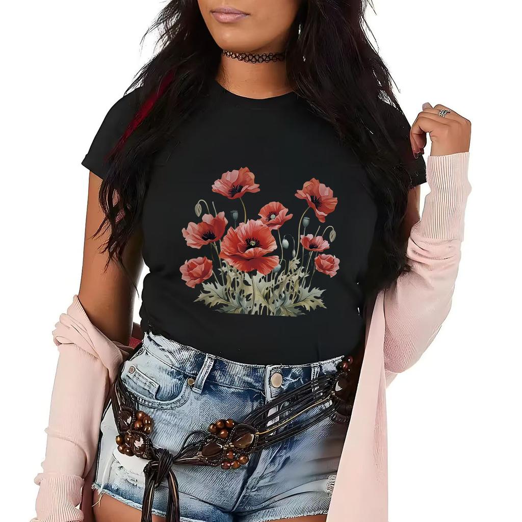 Beautiful flower print short sleeved round neck Womens Tshirt for spring and summer versatile Womens Tshirt