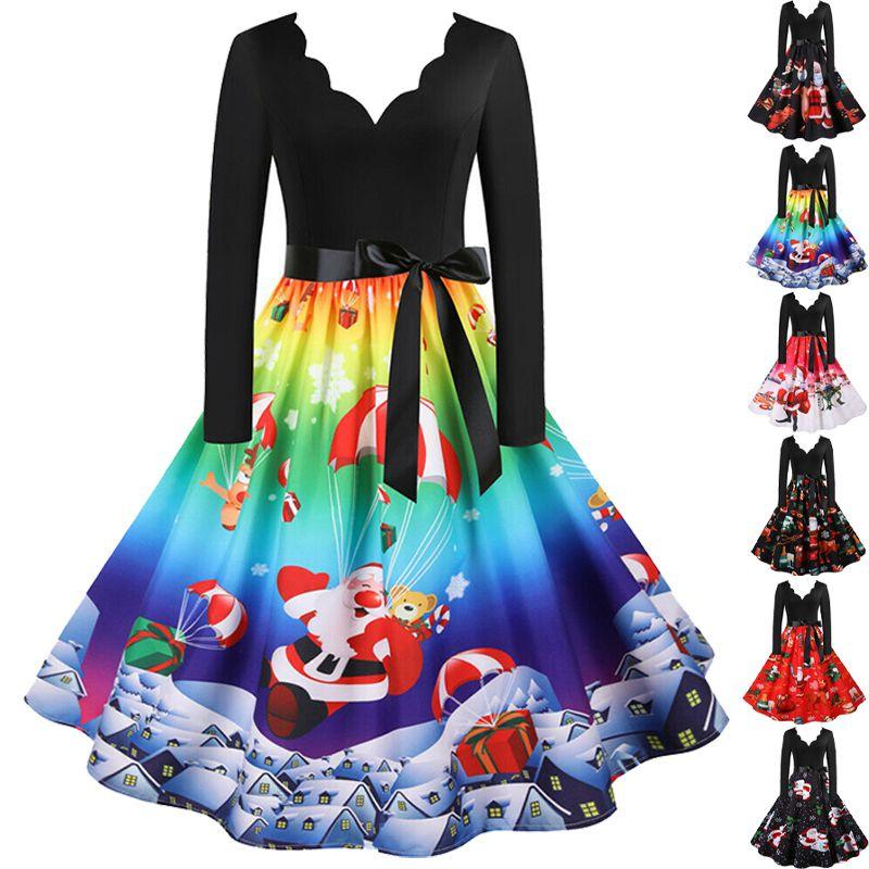 Elegant Santa Claus Print V Neck Christmas Dress For Women In Festive Red And Black