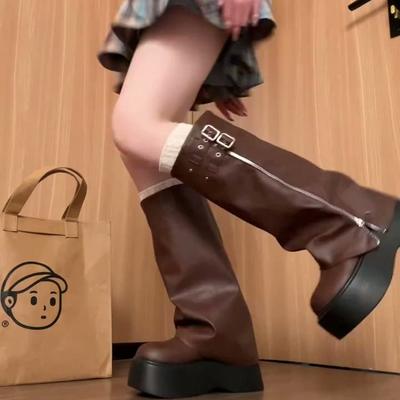 Winter Klobiger Absatz Damen Kniehohe Stiefel Gürtelschnalle Lange Stiefel Damen Elegant Plateau Damen Ritter Stiefeletten