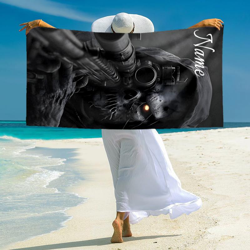 Personalized Sniper Skull Artwork Beach Towel Microfiber Beach Towel Thin Absorbent for Beach Swimming Yoga Bath Sports. 091072