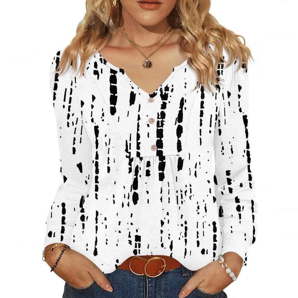 Women's Fashionable Casual V-neck Blouse Button Long-sleeved Pullover T-shirt Top