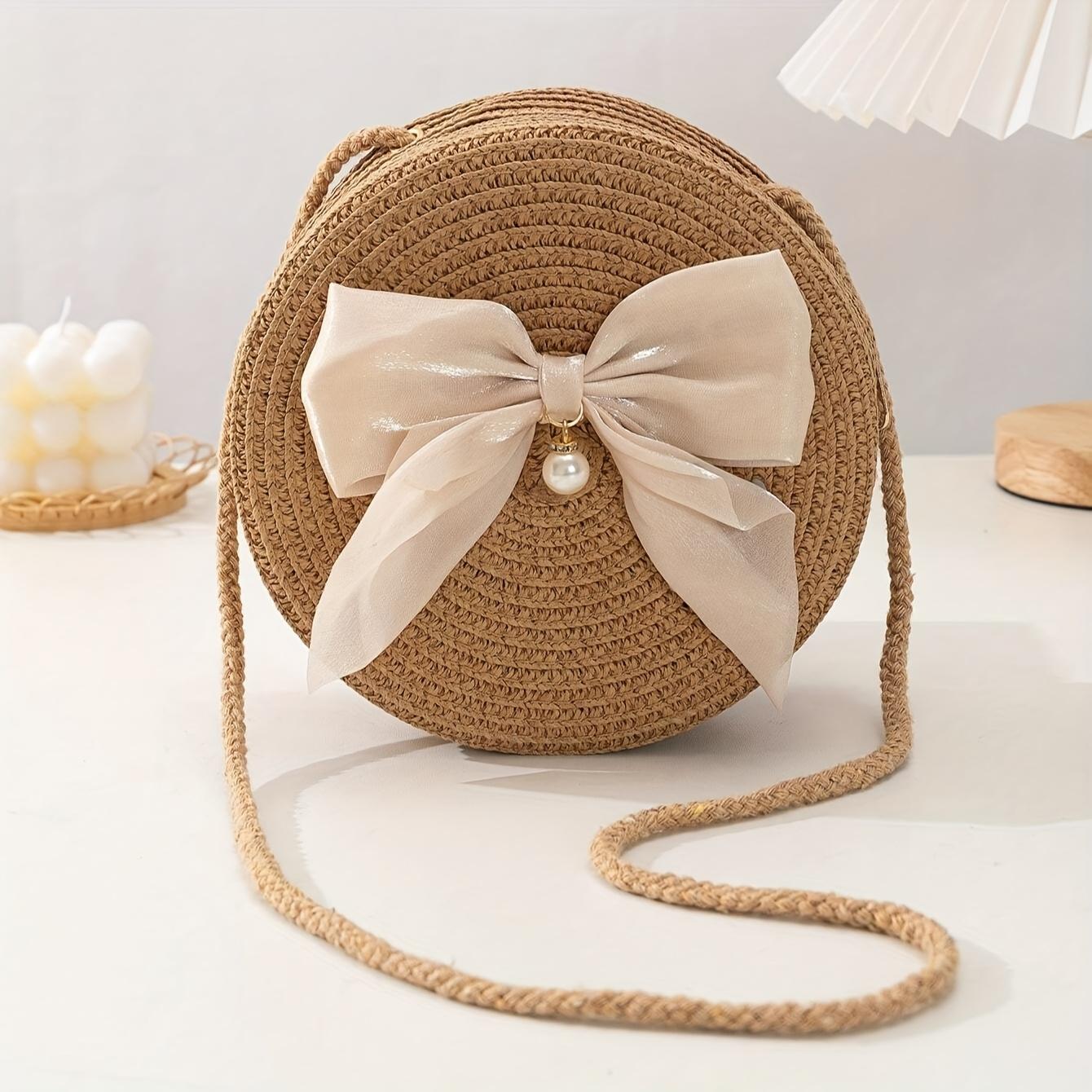 

Elegant Round Straw Crossbody Bags with Bow Decoration Bohemian Chic Style Breathable Woven Design Beach Vacation Accessory хакі