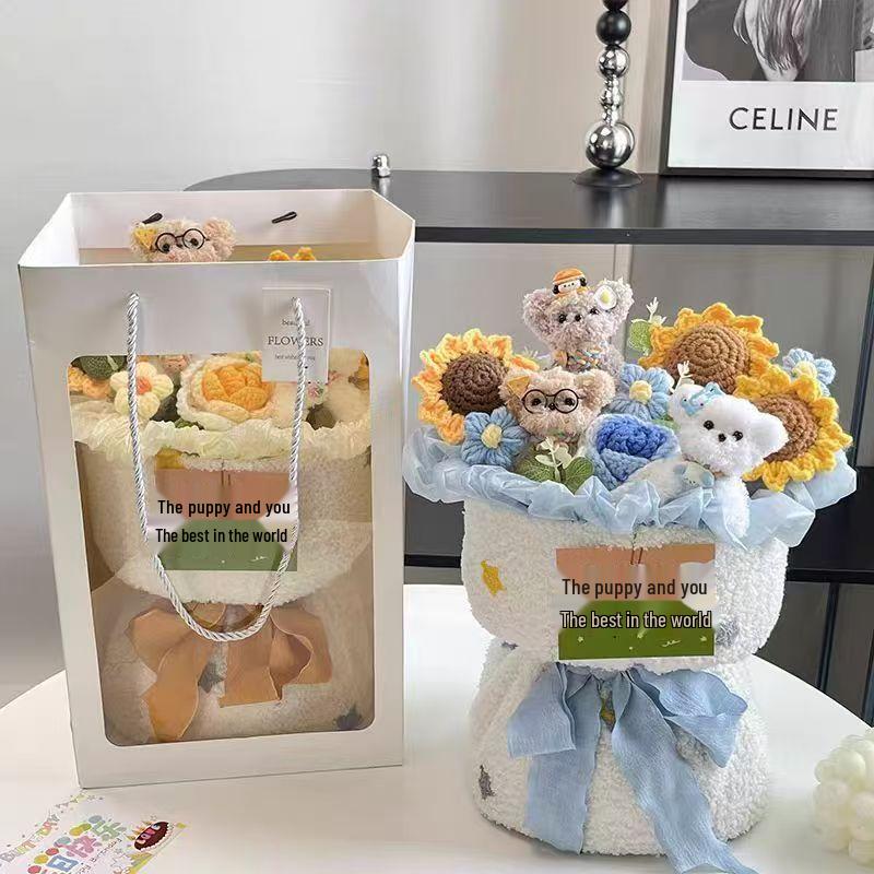 Bouquet d'anniversaire en cure-pipe avec poupée chien - Fait à la main, Cadeau mignon pour meilleure amie