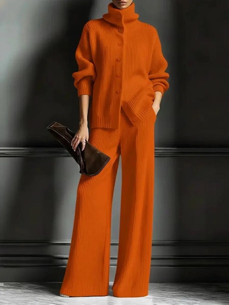 Podzim Zima Nový Pletený Kardigan s Vysokým Límcem Jednobarevný Dlouhý Rukáv Široké Kalhoty Set 2dílný Outfit