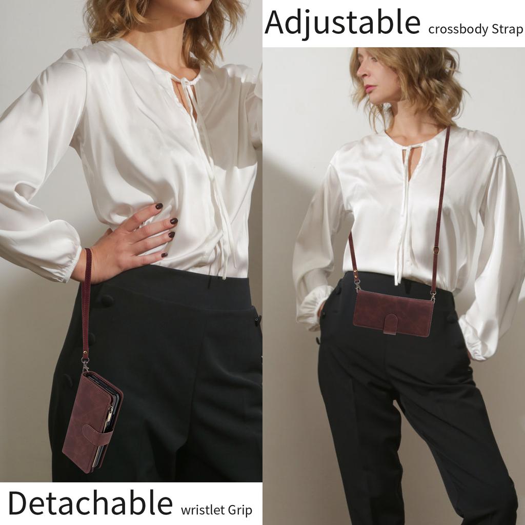 For Samsung Galaxy Z Fold6 5G Case Zipper Multi-Pocket Wallet Leather Phone Cover with Shoulder and Wrist Straps