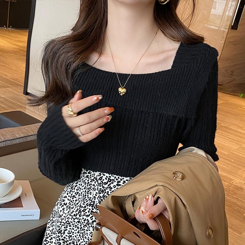 

Модный элегантный вязаный пуловер с квадратным вырезом, женский свитер с открытым плечом, осенне-зимний топ с длинным рукавом, однотонная повседневная свободная рубашка, одежда One Size чёрный