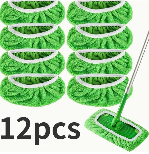 

12pcs Rotatable Microfiber Mop Pads - Wet & Dry, Green&White, Ideal for Home and Office Cleaning, Durable and Easy to Use