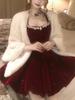 SISI JIANG "New Year Battle Robe" - French Lady Red Velvet Rhinestone Waist-Cinching Elegant Puff Skirt Dress