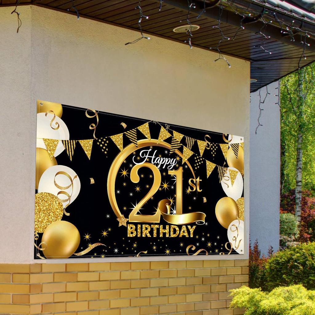Birthday Party Decoration Extra Large Fabric Black Gold Sign Poster for Anniversary Photo Booth Backdrop Background Banner, Birthday Party Supplies,