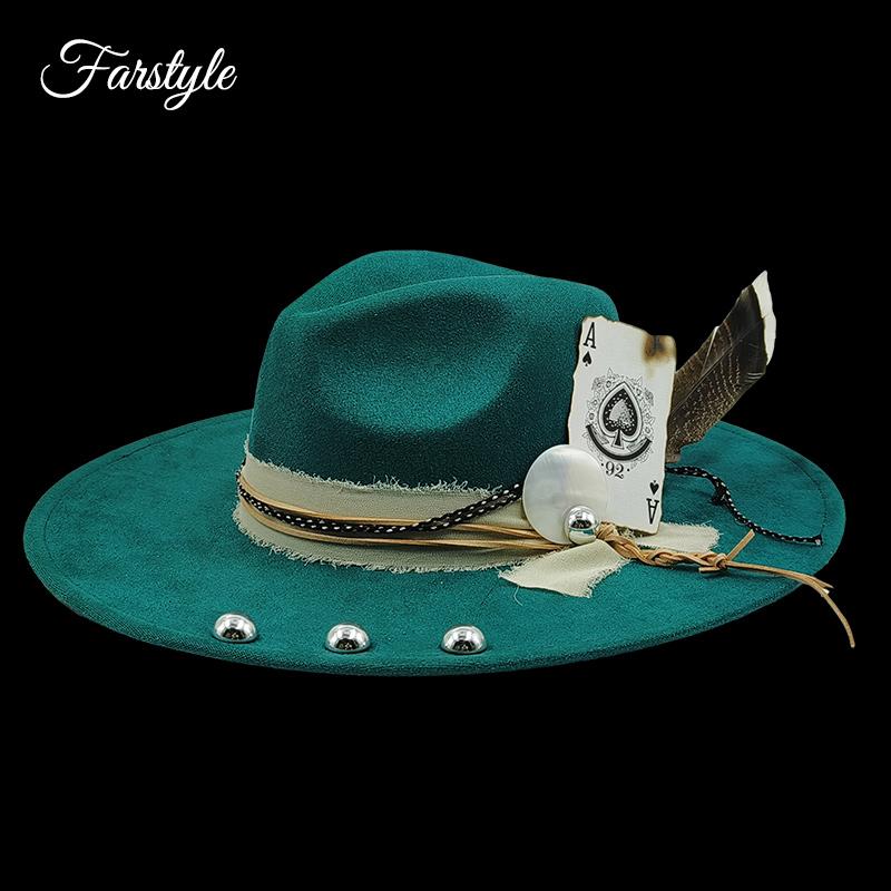 

INS Wide Brim fedora hats Felt Suede hat turquoise Men women Feather accessory Fedoras DIY flat brim hat Jazz hat Top hats 2024 55-58