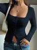 Women's Knitwear Top - Square Neck, Long Sleeve, Buttoned: Perfect for Autumn/Winter Y2K Style