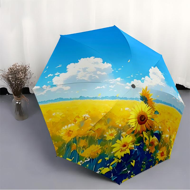 1pc Sunflower Field Auto Open/close, All-Season Portable Folding Umbrella for Women & Men, Travel, Everyday, Formal Events - Compact Luxury Parasol, O