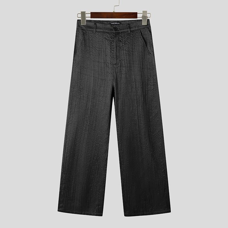 

INCERUN Мужские брюки с высокой талией на молнии, повседневные, свободного кроя, прямые, костюмные брюки с блестящей текстурой 2XL чёрный