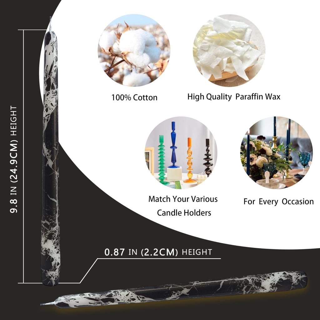 10 Inch Taper Candles Marble Print Candlesticks Handmade Set of 2PCS Unscented Tapered Candle for Hone Decoration Party