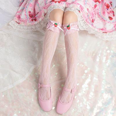 Calcetines Altos de Encaje con Volantes y Lazo de Fresa Lindos Estilo Lolita Japonés | Calcetines Caídos para Pantorrilla de Estudiante para Mujer