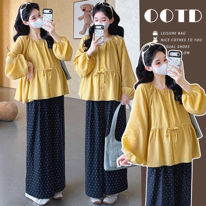 2026 Spring Women s Age-Defying Maternity Two-Piece: Lantern Sleeve Loose Top & Polka Dot Wide-Leg Pants L