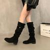 Francouzské semišové kozačky na silném podpatku meruňkové dámské boty 2025 nové jaro a podzim zima univerzální tenké dlouhé boty