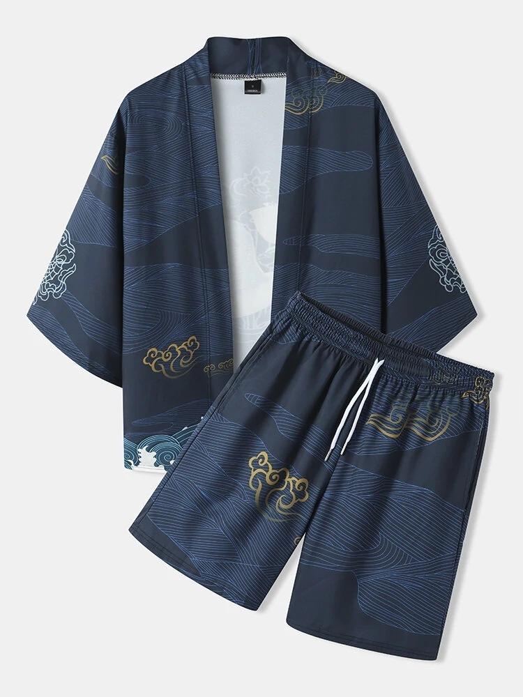 2026 New national style Hawaiian vacation ukiyo-e painted seven-quarter-sleeved Taoist robe 3D printed carp kimono cape