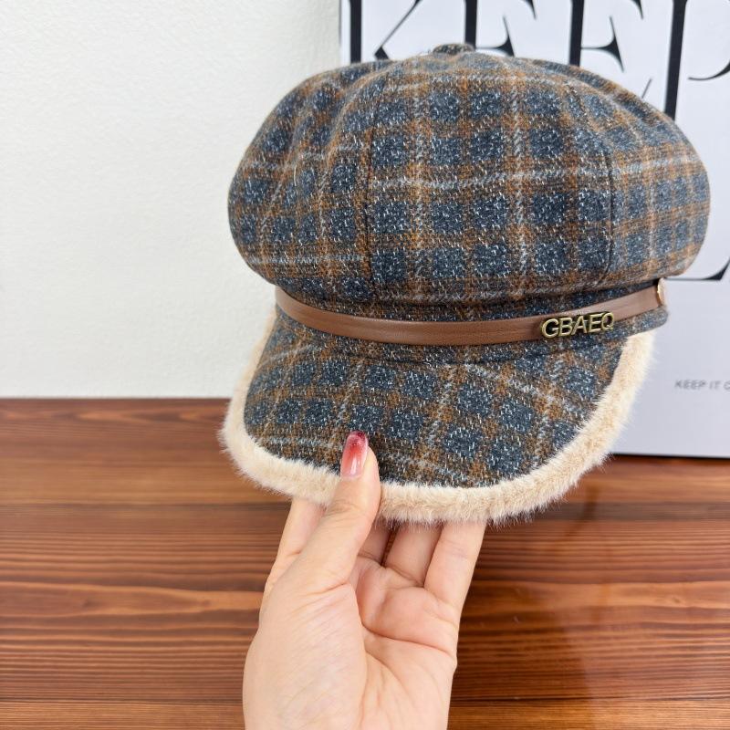 Korean ins plaid octagonal hat women's autumn new wide-brimmed fashionable versatile face newsboy hat