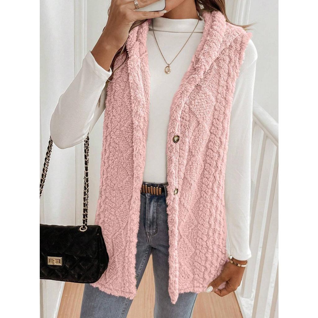 Damen Uni Farbe Wende Flauschige Kapuzen Knopf Strickjacke Weste Lässig Herbst Winter Mode