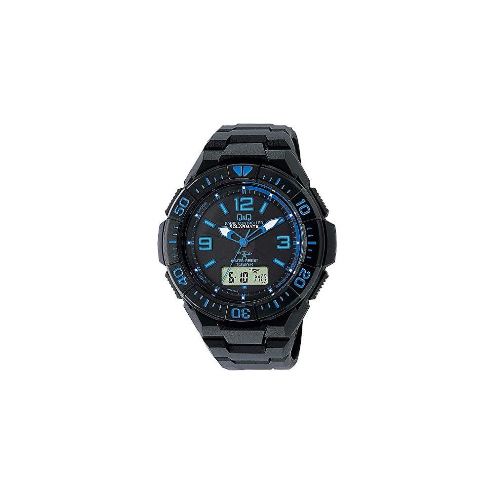 Citizen Q&Q Analog Solar Radio-Controlled Watch Waterproof Date Men s Black Blue 43mm