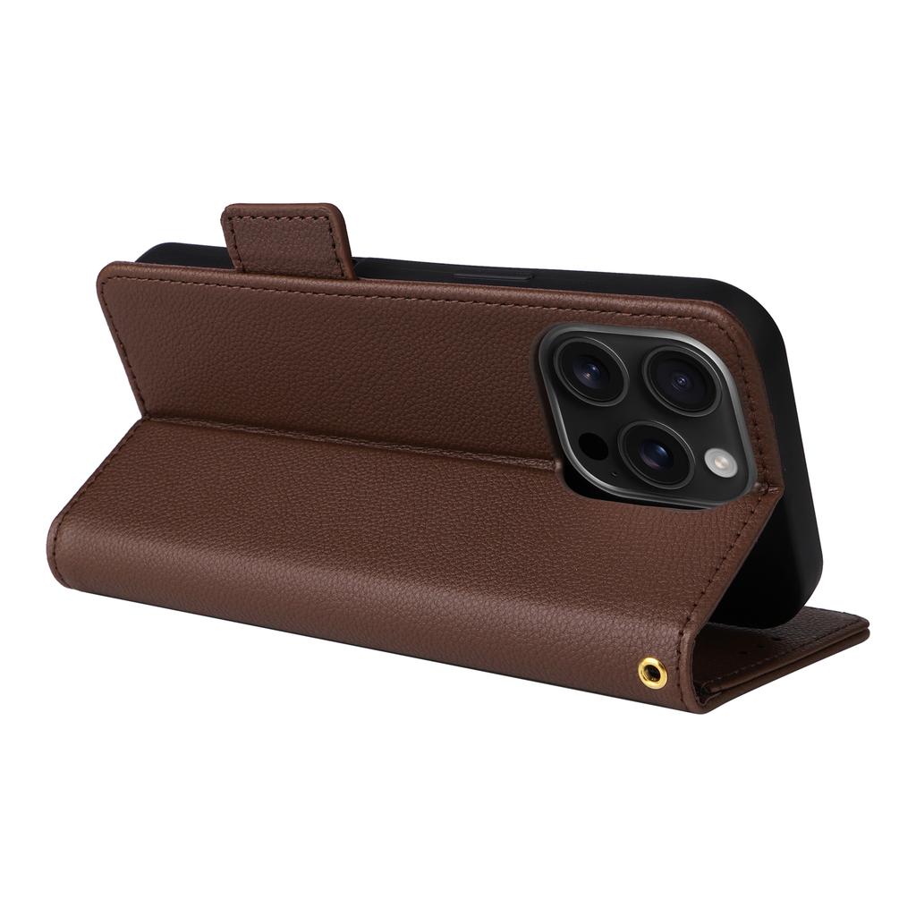 For iPhone 16 Pro Max Case with Wrist Strap Litchi Texture PU Leather Wallet Phone Cover