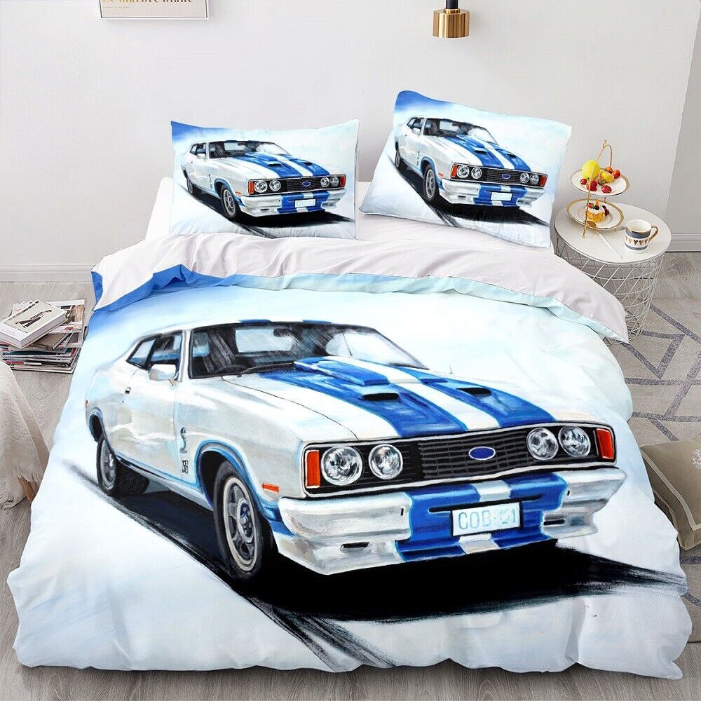 3D Blue and White Racing Car Print Bedding Set Gift Retro Sports Car Pattern Duvet Cover Pillowcase Single Bed/Double Bed/King Bed/King Bed Baby 100x135cm