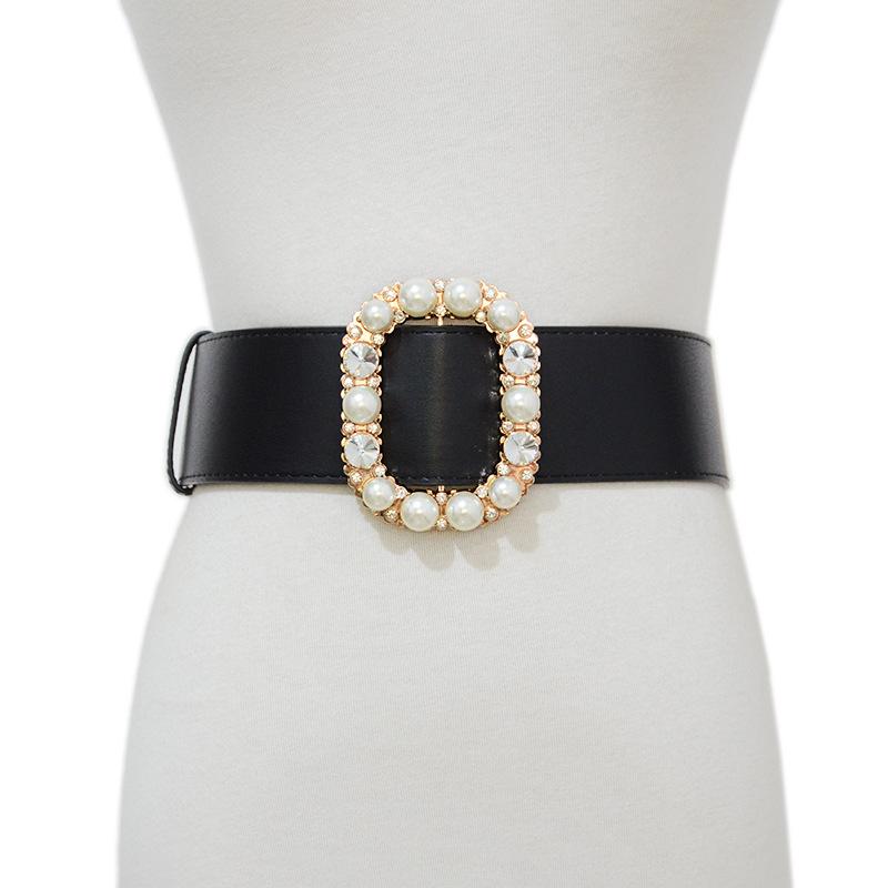 Mei New women s decorative wide belt - stylish pearl & rhinestone square buckle, versatile for dresses & more 104cm чёрный