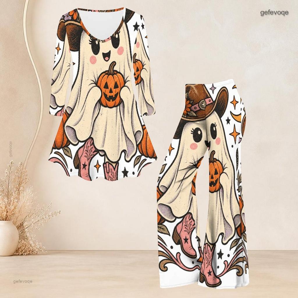 Women Plus Size Halloween Dachshund Printed V Neck Three Quarter Sleeve Flared Top Flared Pants Two Piece Set