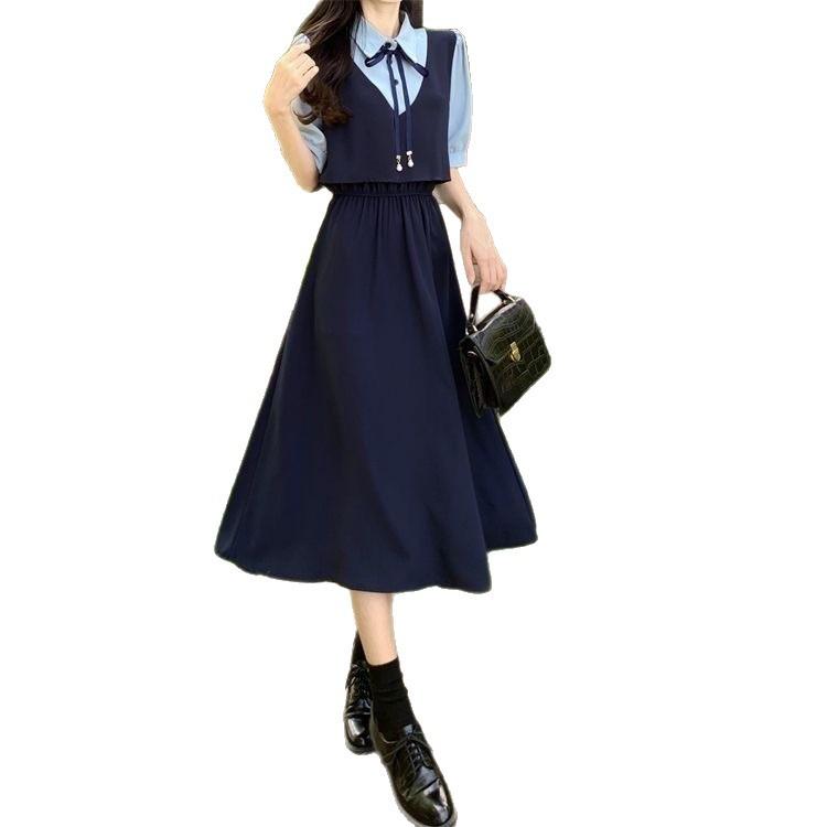 New academic style splicing fake two-piece short-sleeved dress for female students Korean version waist versatile over knee a-word skirt