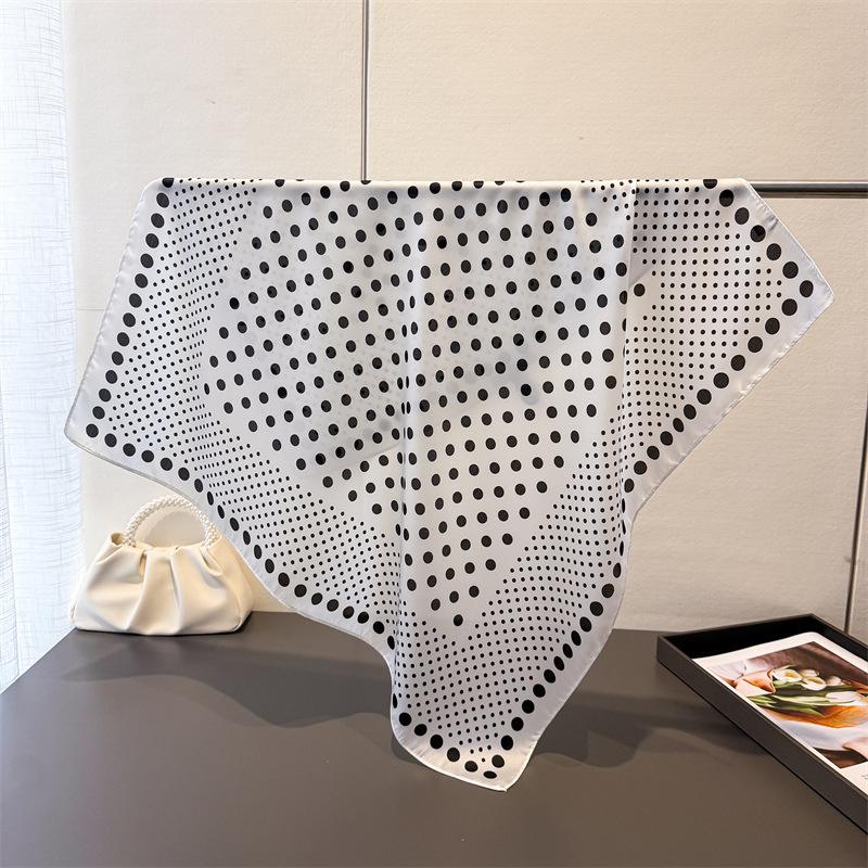 Retro French Polka Dot Spring/ Lightweight Faux Silk Printed Small Scarf Shawl Neckerchief with a High-end Feel for Women
