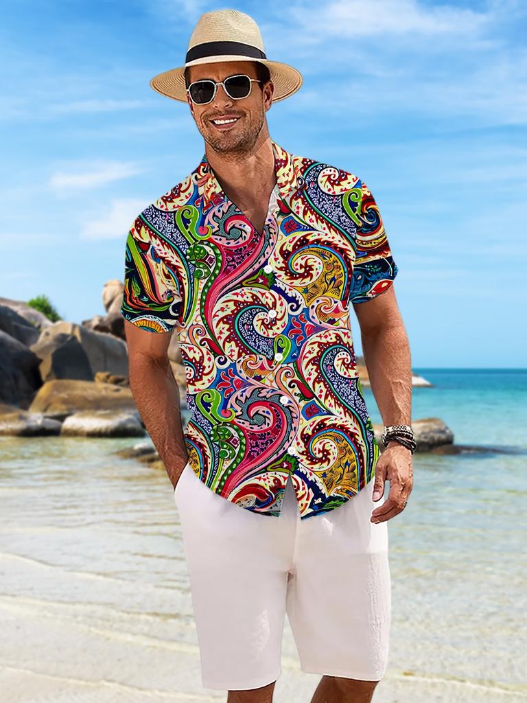 New Men'S Casual Short-Sleeve Shirt with Vibrant Paisley Patterns, Featuring Intricate And Elaborate Vine Designs. Perfect for Festive Gatherings And
