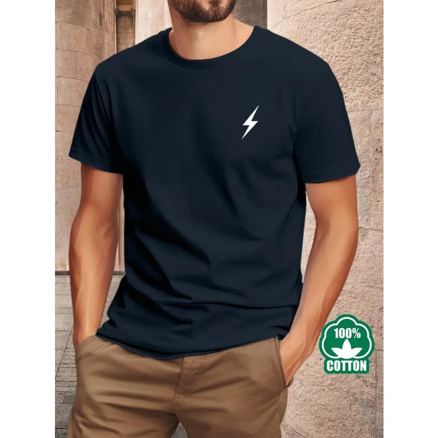 Men'S Lightning Bolt Graphic Cotton T-Shirt - 100% Combed Cotton, Crew Neck, Short Sleeve, Regular Fit, Summer Casual Tee