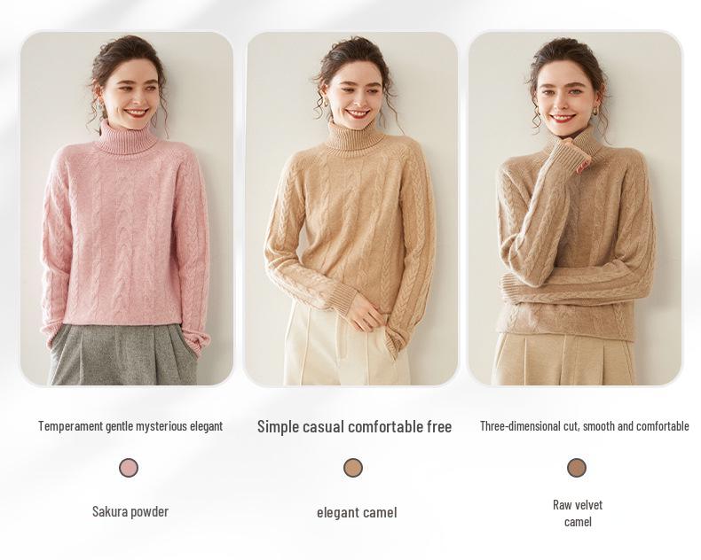 Women's Double-Strand Thick Cable Knit Cashmere Sweater - Long-Sleeved, Mid-Length, Autumn/Winter High-End Base Shirt