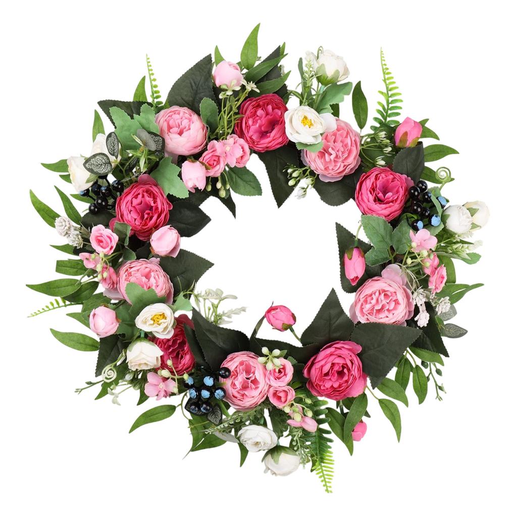 Artificial Peony Wreath Silky Fabric Beautiful Fadeproof Flower Wreath for Door Wedding Wall Decoration