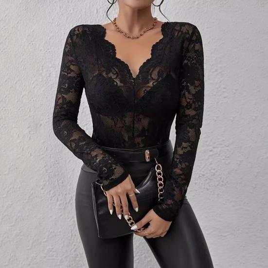 Women Tops V-Neck Long Sleeve See-through Lace Floral Design Pullover Tops Slim Fit Layering Versatile Tops