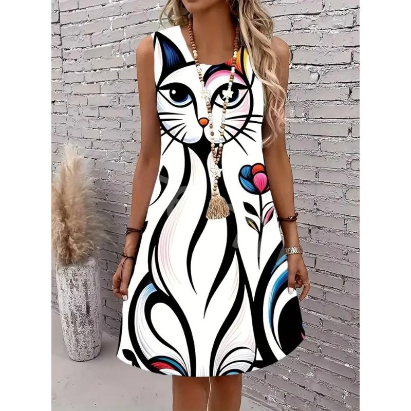 Fashion Women s Sleeveless Dress 3D Casual Color Printing Casual Dress 2XS